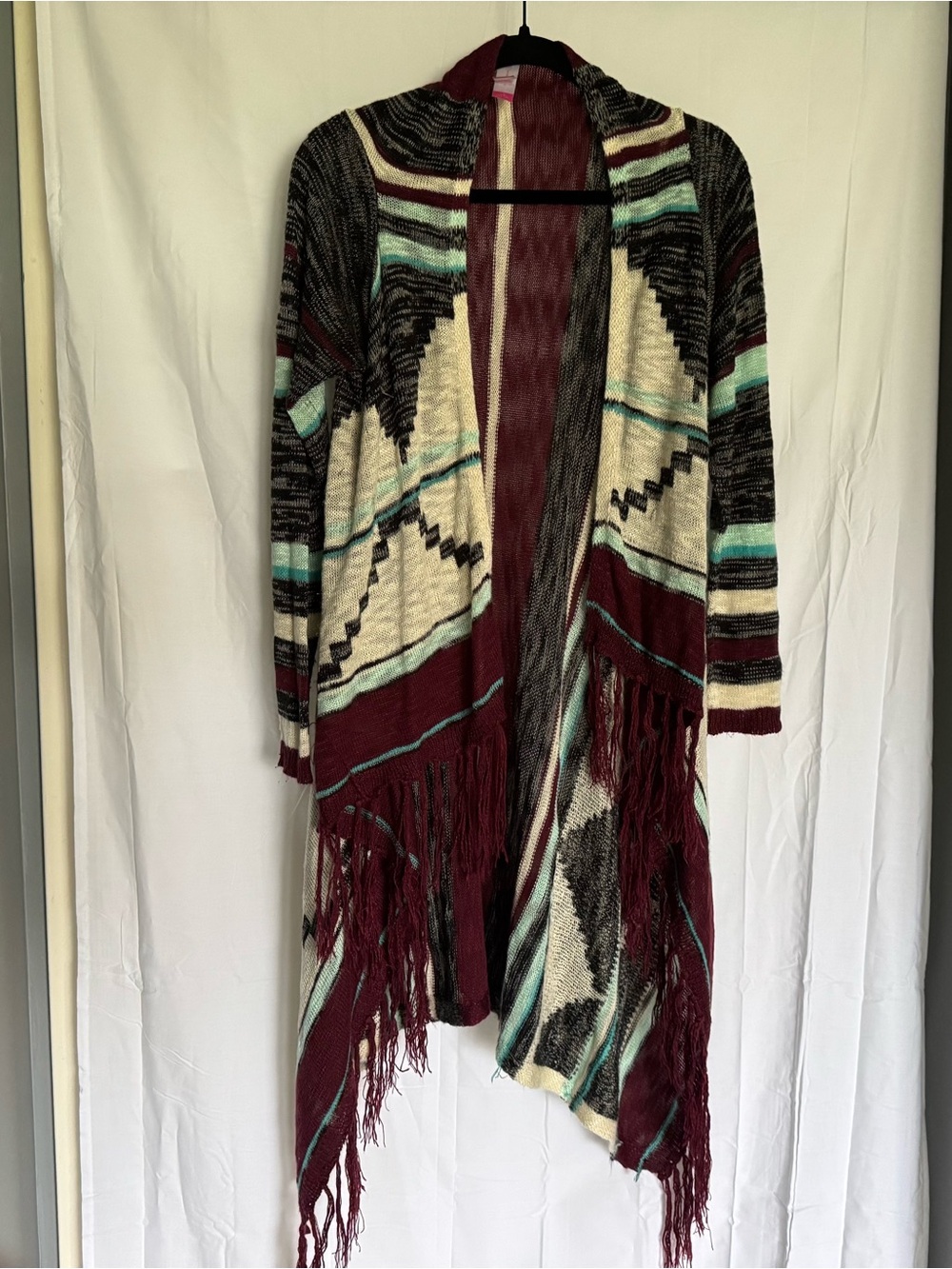 No Boundaries Burgundy, Cream & Mint Fringe Open-Front Cardigan Size L